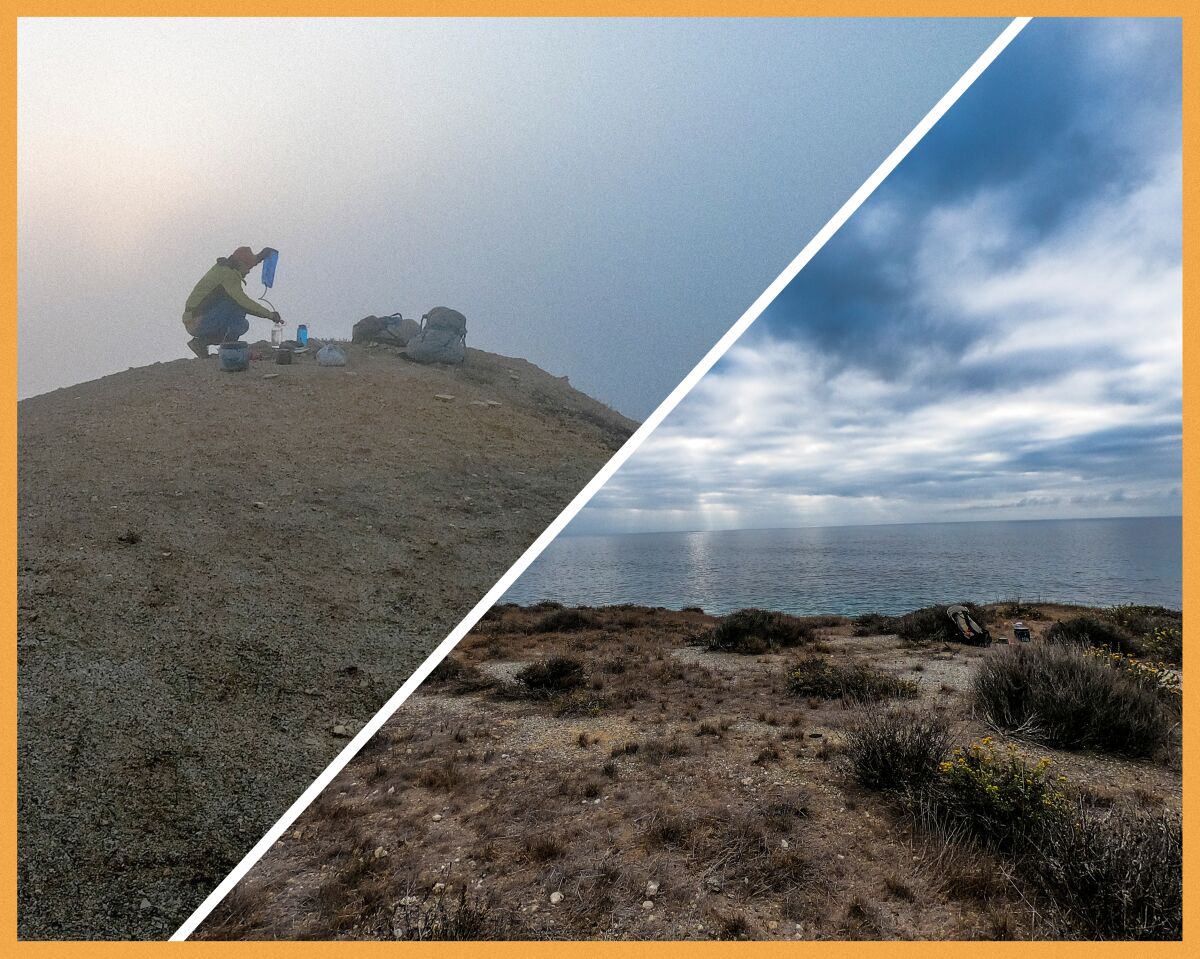 In a split image, a man kneels among backpacking gear atop a hill, plus low vegetation and a view of the ocean.