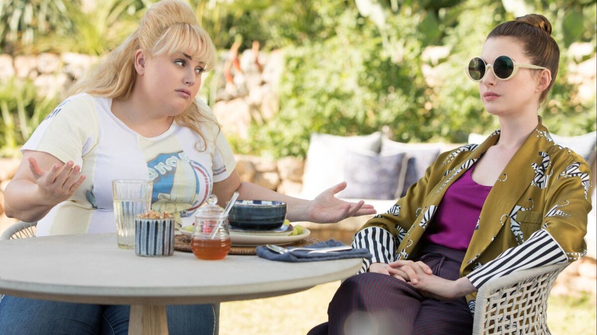Rebel Wilson, left, and Anne Hathaway in "The Hustle."