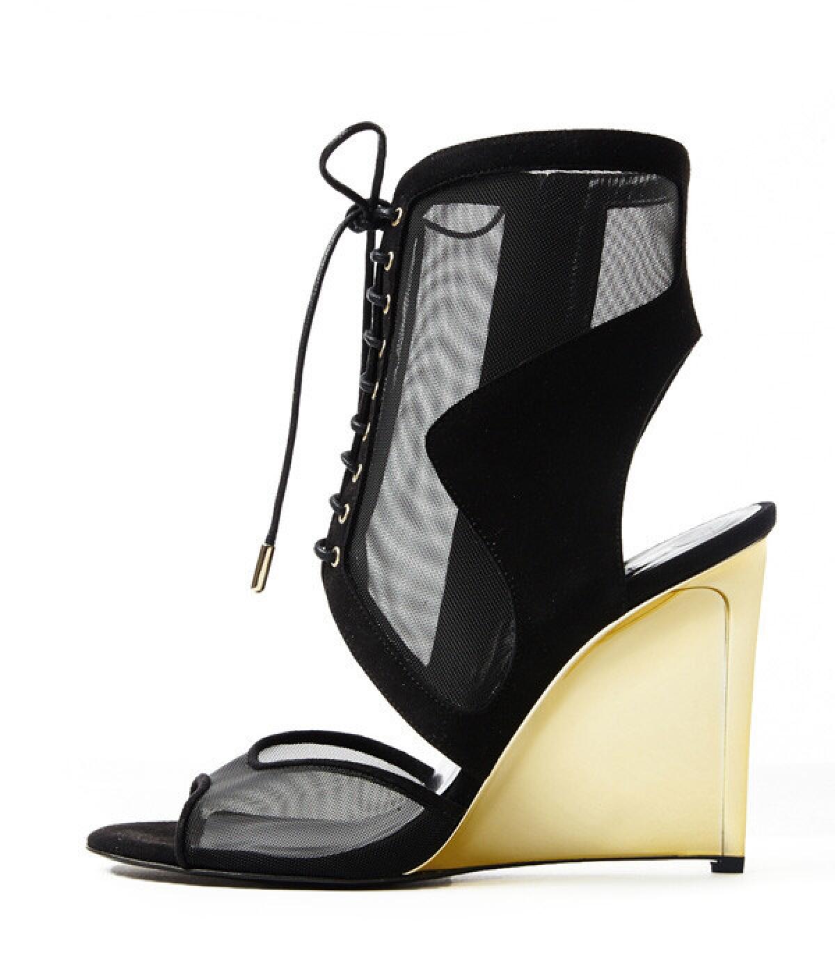 Diane Von Furstenberg lace-up suede and mesh wedge "Lara" sandal.