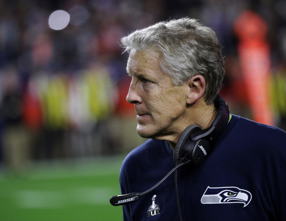 Seahawks Coach Pete Carroll looks on from the sidelines during the second half of Super Bowl XLIX. Seattle lost to the New England Patriots, 28-24.