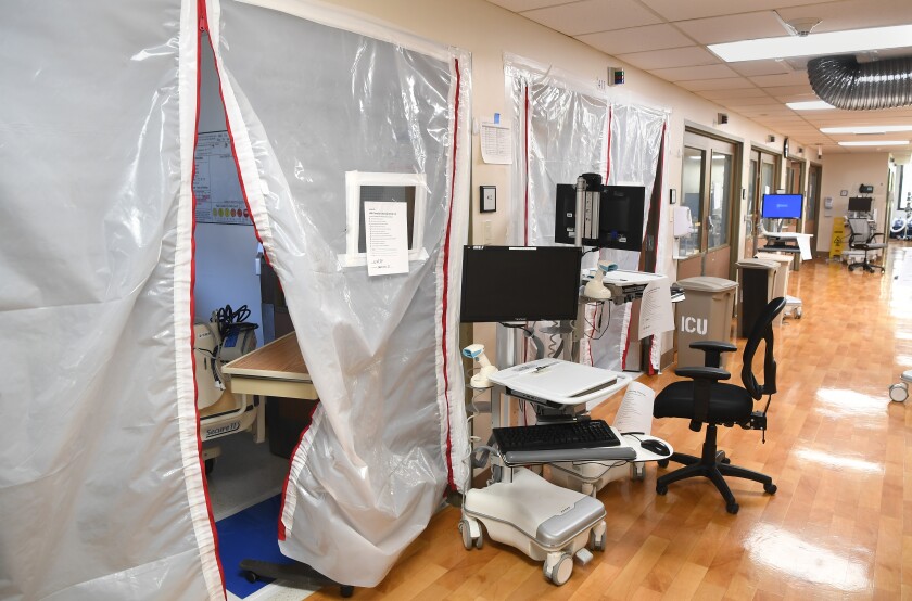 An empty ICU ward used for COVID patients at Los Angeles Surge Hospital.