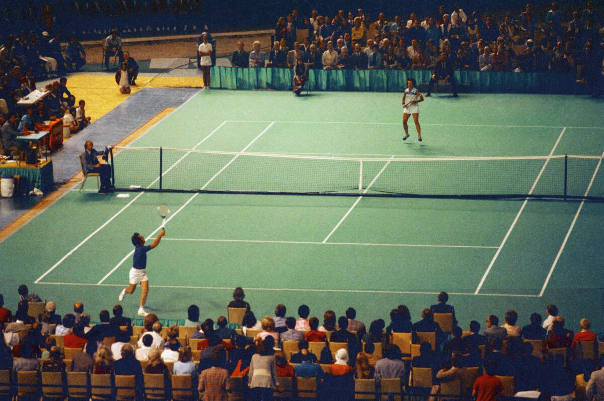 Billie Jean King triumphs in “Battle of the Sexes, September 20, 1973