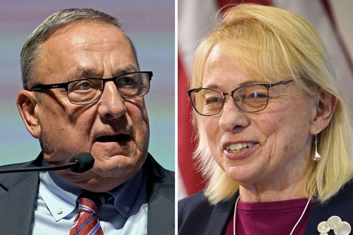 This photo combination shows Republican candidate Paul LePage, left, and Democratic incumbent Janet Mills for the upcoming Maine gubernatorial election on Tuesday, June 14, 2022. Independent candidate Sam Hunkler is also running for election. (AP Photo/Robert F. Bukaty)