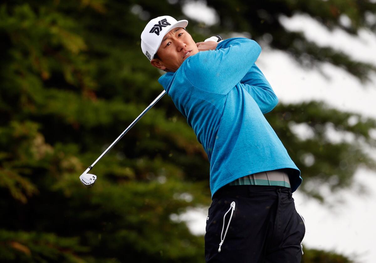 James Hahn plays his tee shot on the 11th hole during the AT&T Pebble Beach National Pro-Am.