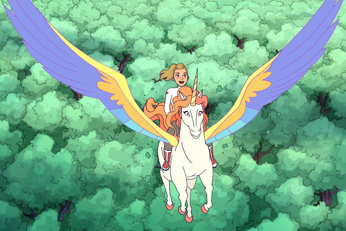 In an animated scene, a young woman rides a winged unicorn.