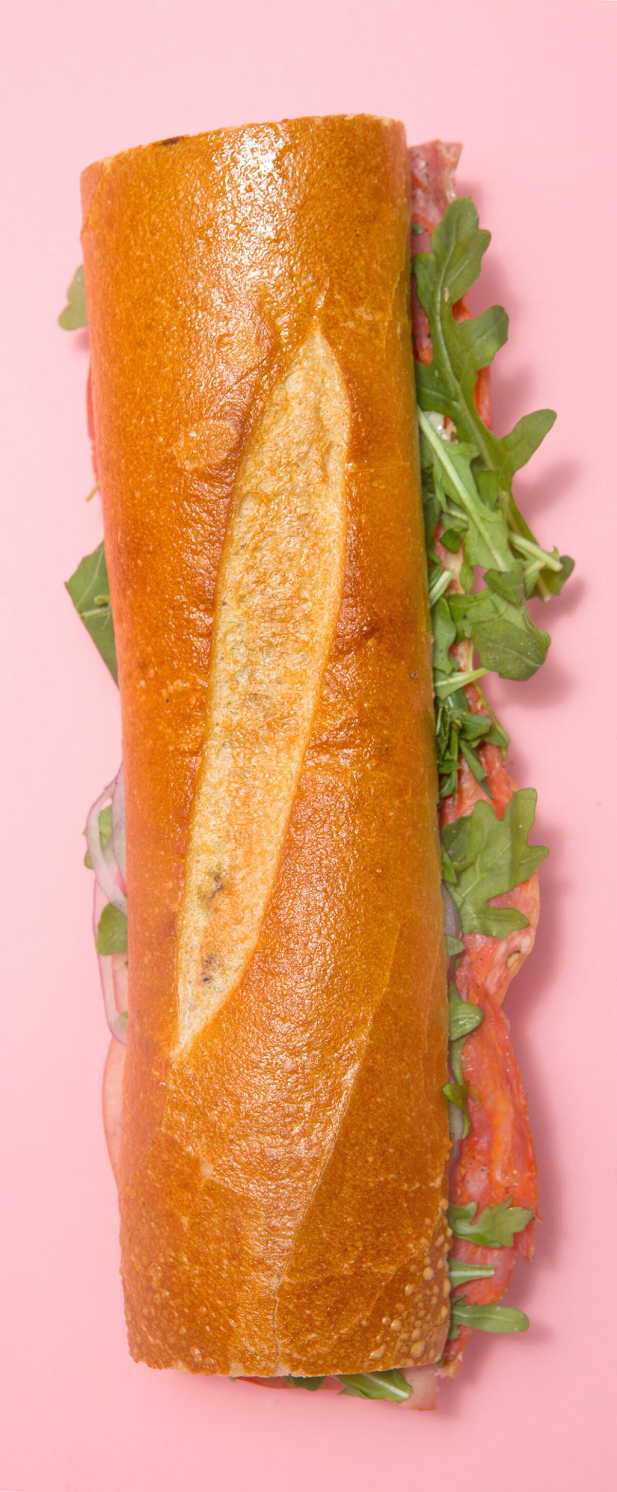 The Italian Meats sandwich, made with provolone, piccante, artichoke, arugula, shaved onion, olive oil, aged balsamic and mayo at Black Hogg Sandwiches in Silver Lake.