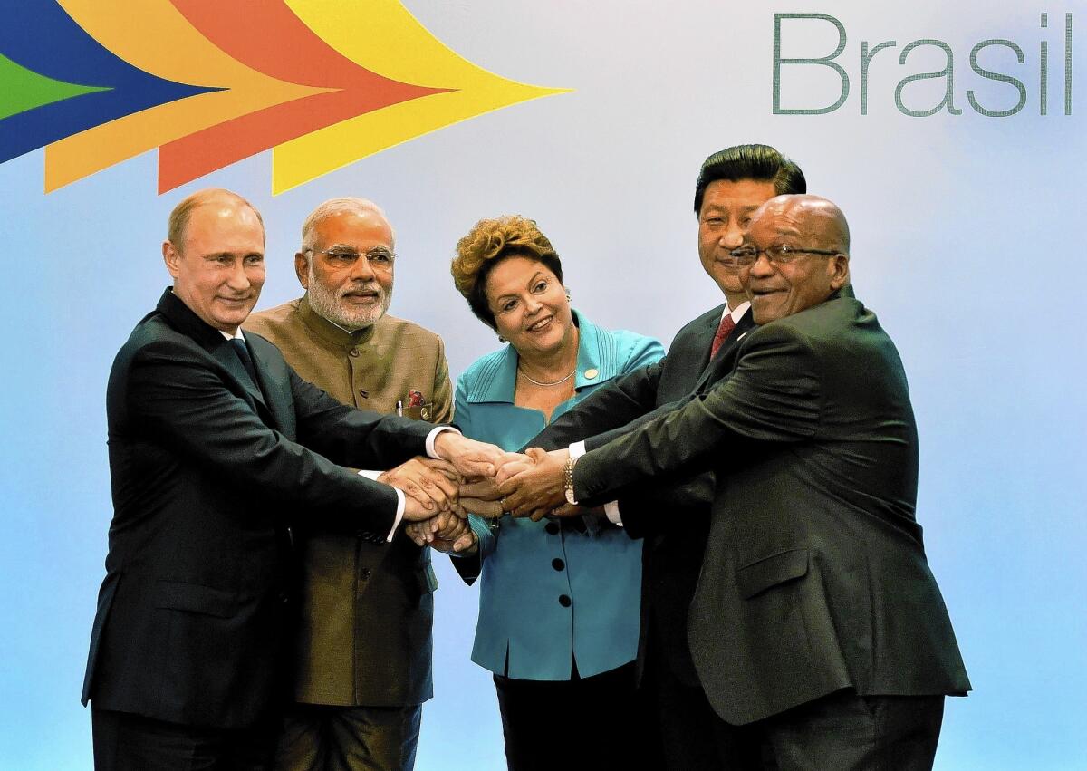 The leaders of so-called BRICS nations: Russian President Vladimir Putin, left; India Prime Minister Narendra Modi; Brazilian President Dilma Rousseff; Chinese President Xi Jinping; and South African President in Fortaleza, Brazil, for the BRICS Summit.