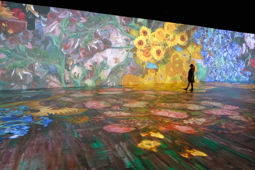 A person appreciating the Beyond Van Gogh - Miami exhibition.