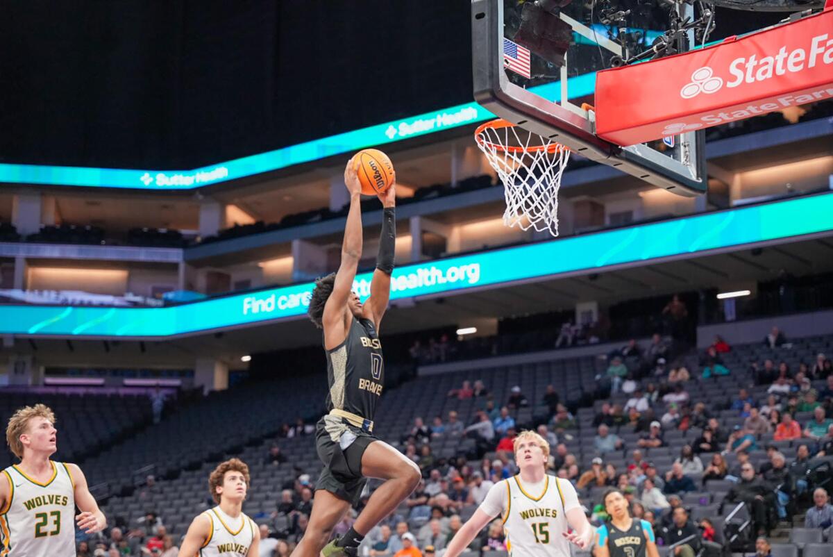 Brandon McCoy of St. John Bosco going up for a dunk in the state Division I final against San Ramon Valley