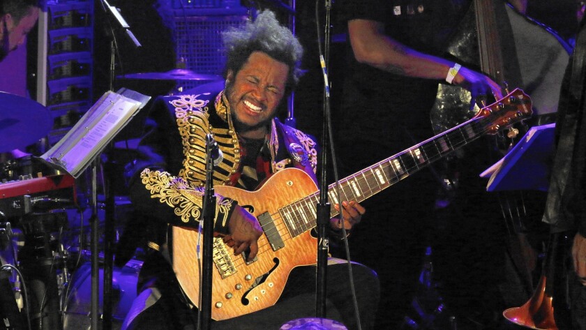 Stephen "Thundercat" Bruner plays electric bass in Kamasi Washington's show at the Regent in Los Angeles on May 04, 2015.