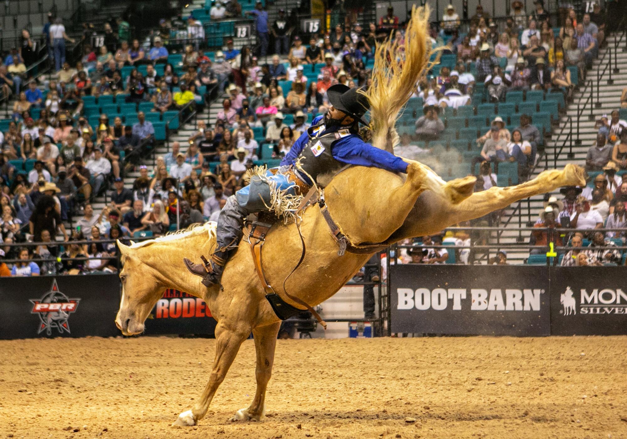 A cowboy leans back with his free arm outstretched in the finals of the bareback riding competition 