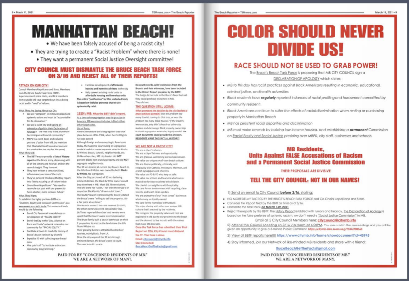Screen shot of a two-page advertisement calling on residents to “unite against FALSE accusations of racism.”