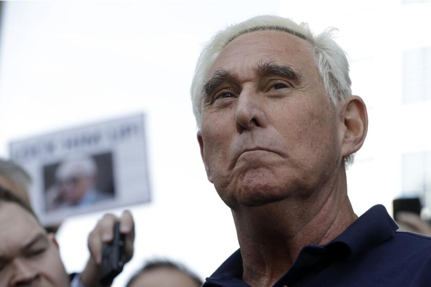 Roger Stone, a confidant of President Donald Trump, walks out of the federal courthouse following a hearing, Friday, Jan. 25, 2019, in Fort Lauderdale, Fla. Stone was arrested Friday in the special counsel's Russia investigation and was charged with lying to Congress and obstructing the probe. (AP Photo/Lynne Sladky)