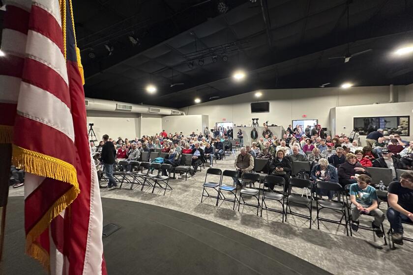 /// Missouri voters gather Saturday, March 2, 2024, at the Family Worship Center of Columbia, Mo., to caucus for the Republican presidential nominee. (AP Photo/Summer Ballentine)