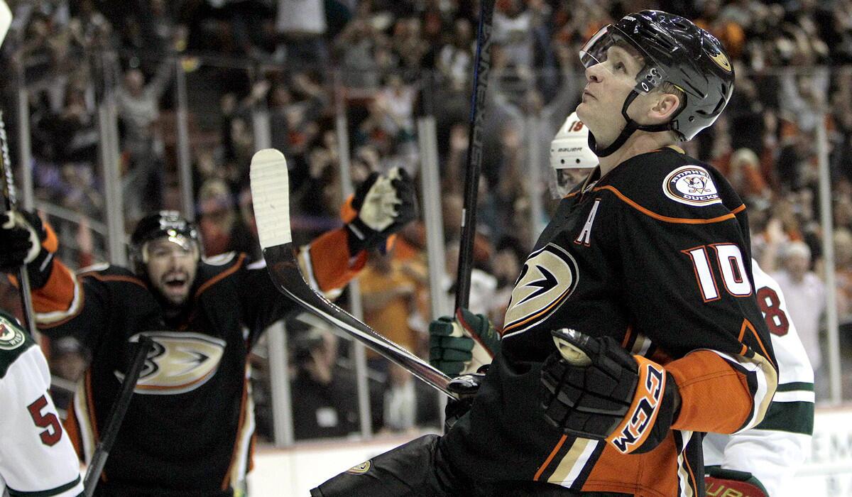 Ducks right wing Corey Perry (10) reacts after scoring the winning goal in a 2-1 victory over the Wild on Friday night in Anaheim.