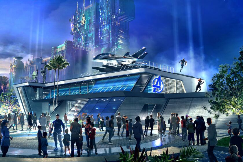 Early concept art for what will someday be an "Avengers"-focused attraction at Disney California Adventure. A Spider-Man ride will open in 2020.