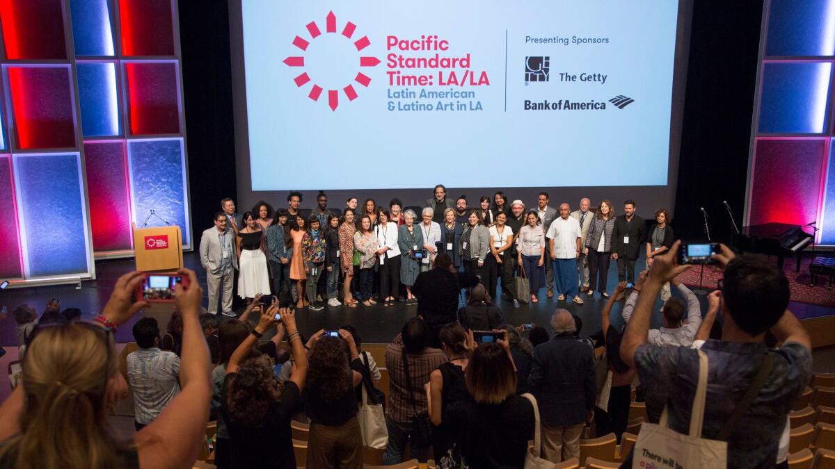 Several artists featured in Pacific Standard Time: LA/LA, the ambitious series of Latin American and Latino art exhibitions across Southern California, pose for a group photo at the Getty Center during the PST: LA/LA kickoff.