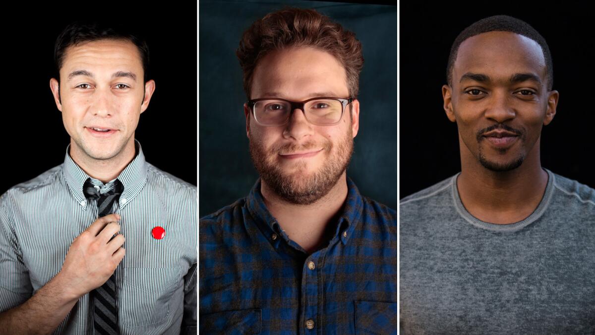 From left, Joseph Gordon-Levitt, Seth Rogen and Anthony Mackie will star in Sony's untitled Christmas comedy, which has a new release date of Nov. 25, 2015.