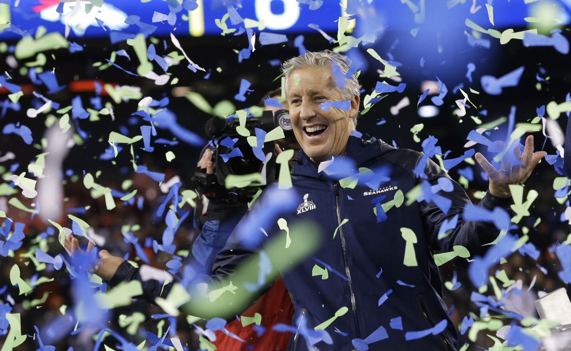 Pete Carroll celebrates after the Seahawks defeated the Denver Broncos 43-8 in Super Bowl XLVIII on Feb. 2, 20014.