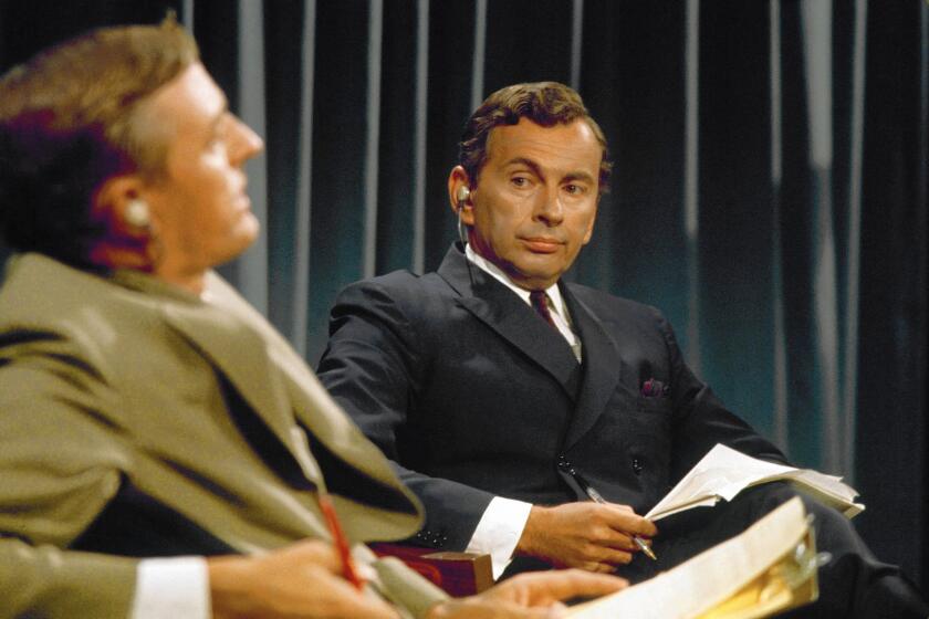 William F. Buckley Jr., left, engages in intellectual combat with Gore Vidal on ABC in 1968.