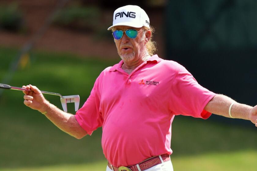 BIRMINGHAM, AL - MAY 19: Miguel Angel Jimenez of Spain reacts on the 16th green during the third round of the Regions Tradition at Greystone Golf & Country Club on May 19, 2018 in Birmingham, Alabama. (Photo by Drew Hallowell/Getty Images) ** OUTS - ELSENT, FPG, CM - OUTS * NM, PH, VA if sourced by CT, LA or MoD **