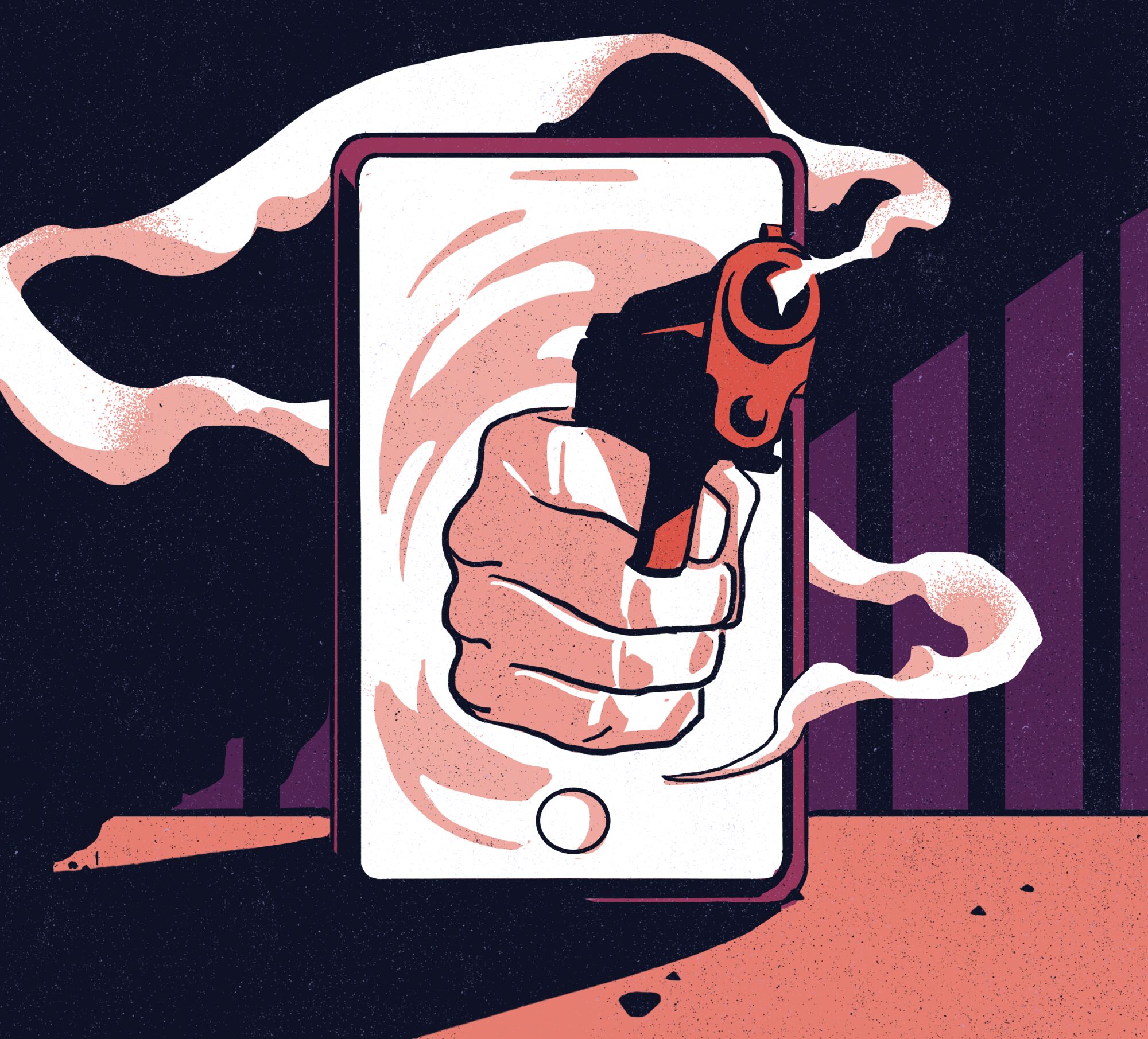 An illustration of a hand firing a gun coming out of a cellphone with prison bars in the background.