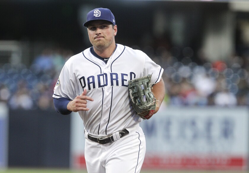 The Padres' Hunter Renfroe runs from the outfield at the end of the top of the second inning at Petco Park on Tuesday, July 2, 2019 in San Diego, California.