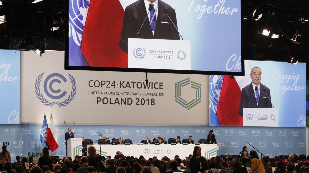Poland's Environment Minister Henryk Kowalczyk talks during a session of the U.N. climate summit in Katowice, Poland on Dec. 11.