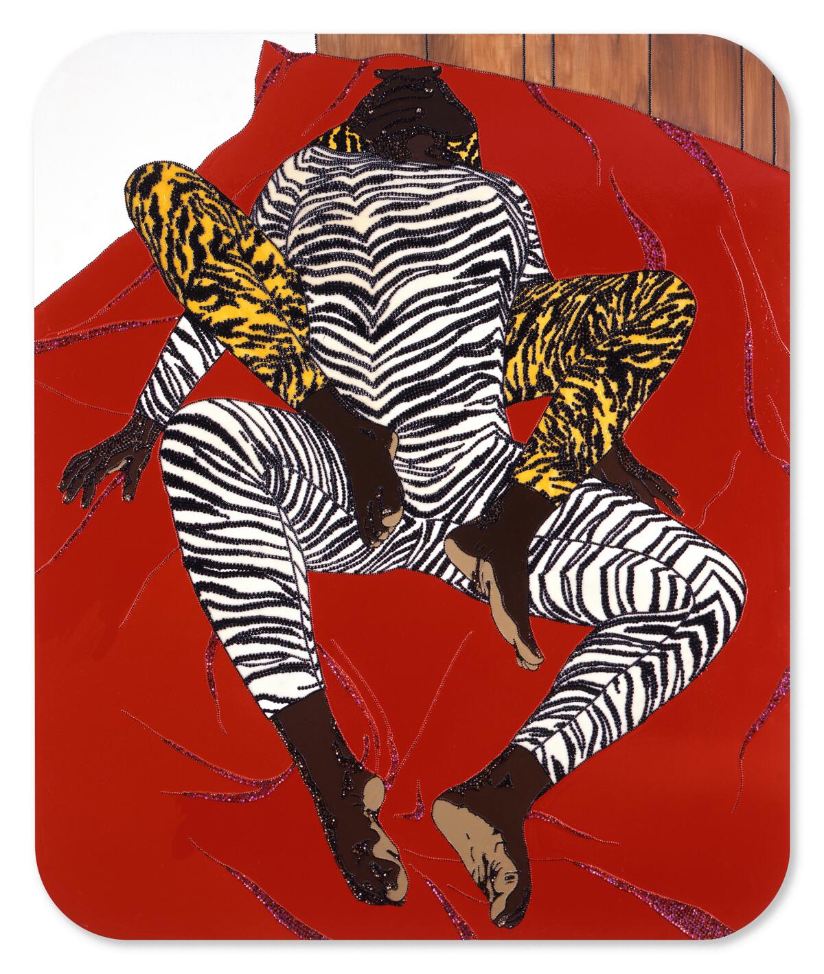 A 2006 painting by Mickalene Thomas appears to show a human figure in zebra-print bosy suit lying atop another person.