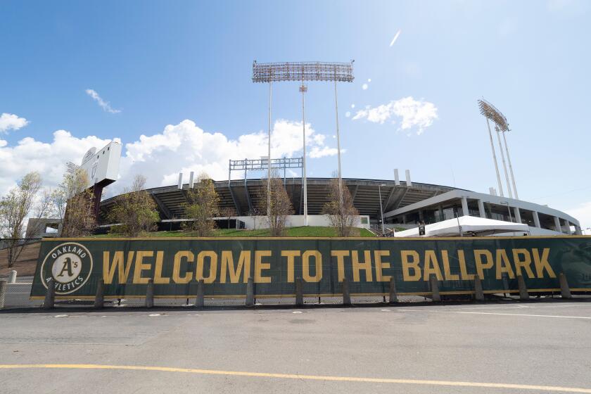 A welcome banner at the Oakland Coliseum where the MLB Oakland Athletics play