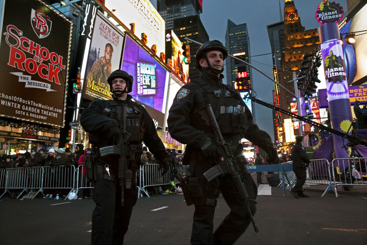 New York police officers patrol Times Square on New Year's Eve.