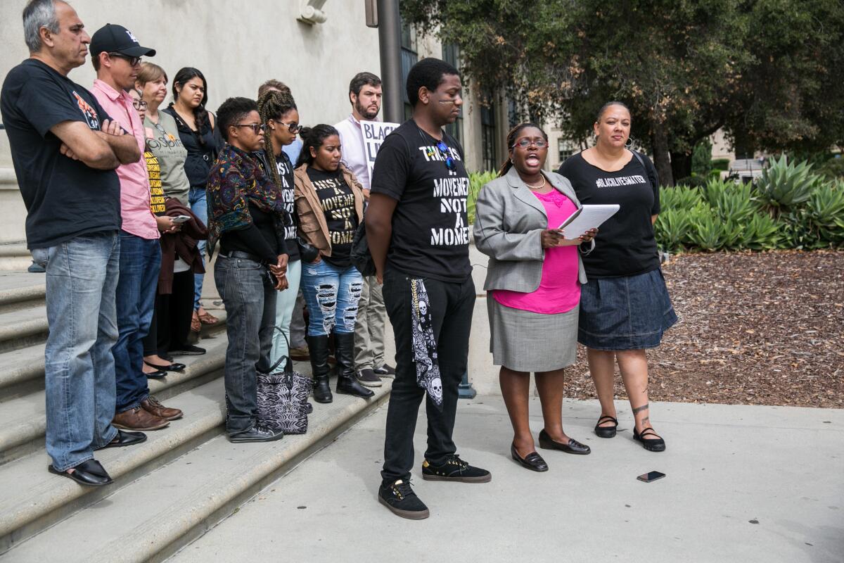 Attorney Nana Gyamfi, second from right, at a September 2015 news conference alongside Black Lives Matters activists calling for the release of Pasadena Black Lives Matter organizer Jasmine Richards.
