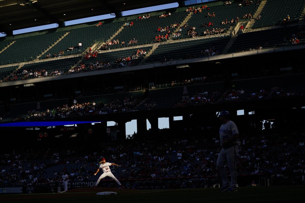 Angels starting pitcher Noah Syndergaard throws during the third inning against the Kansas City Royals.
