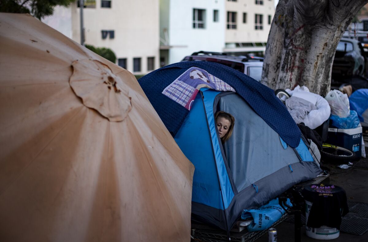 A woman looks out from her tent at a sidewalk homeless encampment