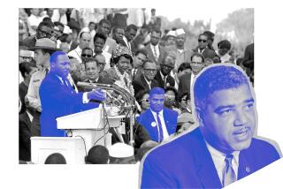A blue-highlighted photo of Whitney Young Jr atop a black-and-white photo of MLK giving his speech with Young next to him.