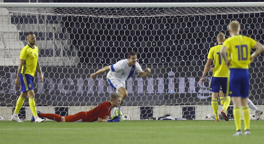 Eero Markkanen celebrates after scoring a goal for Finland during an international friendly match on Jan. 8, 2019.