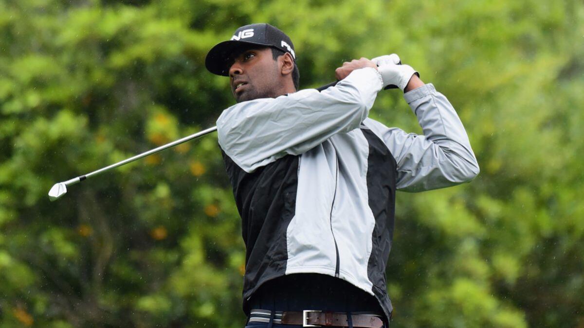 Sahith Theegala plays his shot from the fourth tee during the second round at the Genesis Open on Friday.
