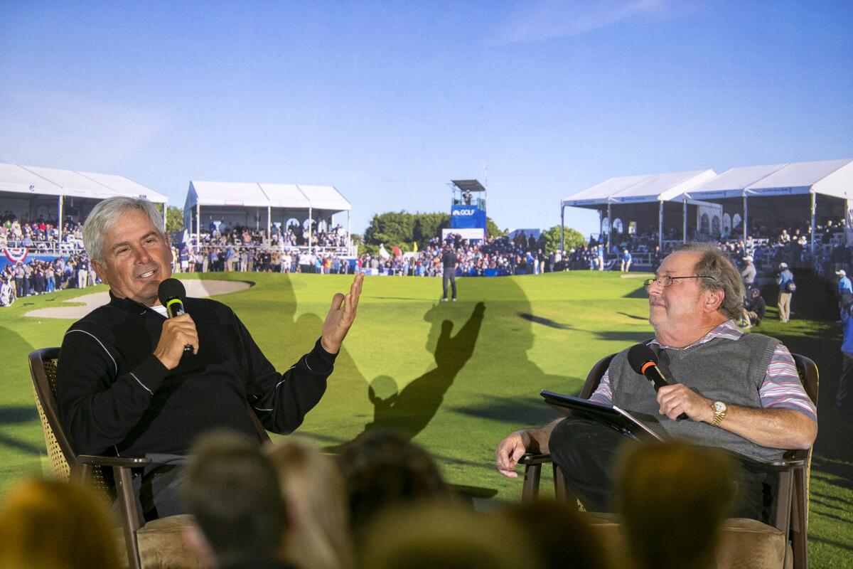 Fred Couples, left, speaks with moderator Alan Beyer, during the Hoag Classic Hall of Fame Community Breakfast on Tuesday.