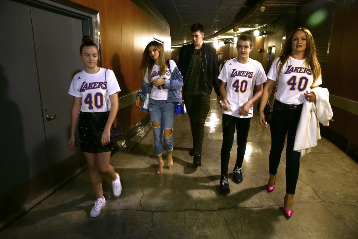 Ivica Zubac and his family after a game at Staples Center. From left to right are his sister, Marijaandjela Zubac, girlfriend Kristina Prisc, Ivica, brother Mario and mother Dijana.