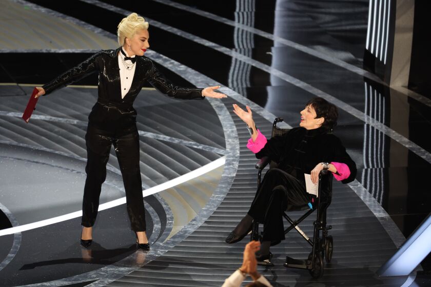 HOLLYWOOD, CA - March 27, 2022. Lady Gaga and Liza Minnelli during the show at the 94th Academy Awards at the Dolby Theatre at Ovation Hollywood on Sunday, March 27, 2022. (Myung Chun / Los Angeles Times)