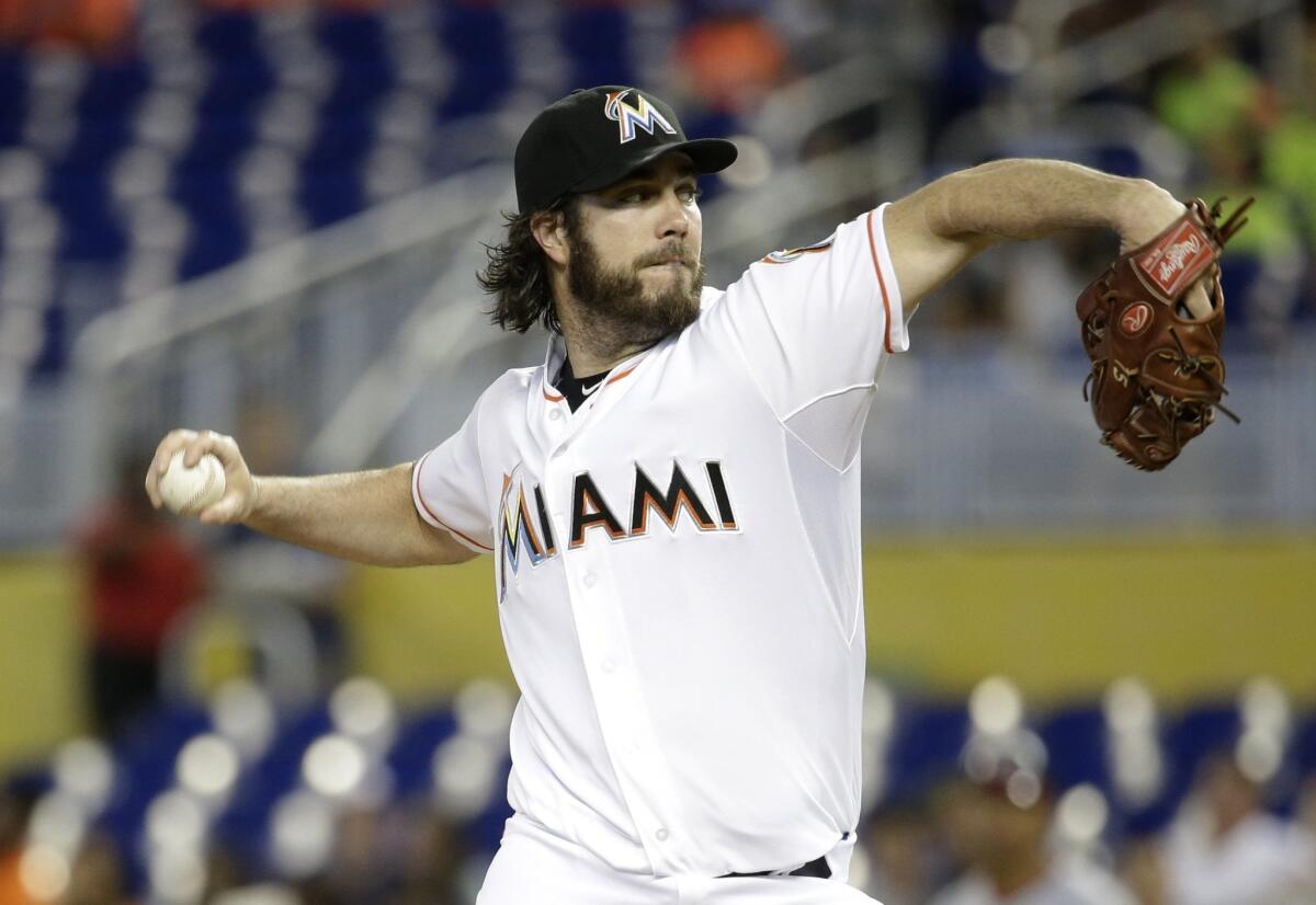 Dan Haren pitches for Miami against Washington on Thursday, July 30, 2015.