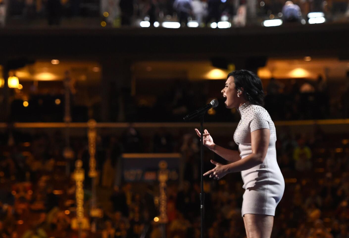 Singer Demi Lovato performs on Day 1 of the Democratic National Convention at the Wells Fargo Center on July 25, 2016 in Philadelphia, Pennsylvania.