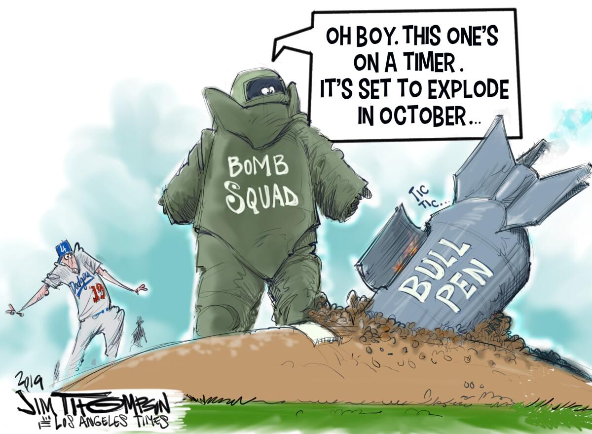 Cartoonist Jim Thompson illustrates the Dodgers' bullpen situation.