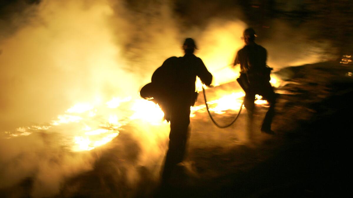 U.S. Forest Service firefighters try to control a backfire that was set to contain the Butler 2 fire northwest of Big Bear Lake in September.
