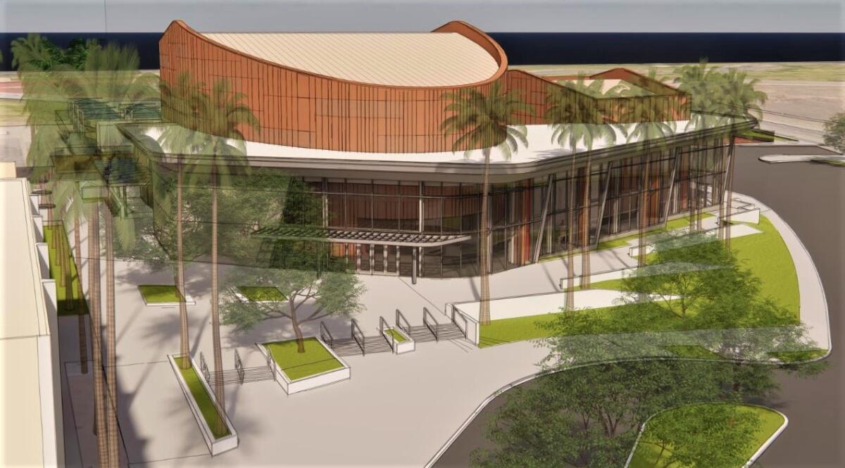 A new performing arts complex at Estancia includes a landscaped plaza with seating and a vehicular drop-off area.