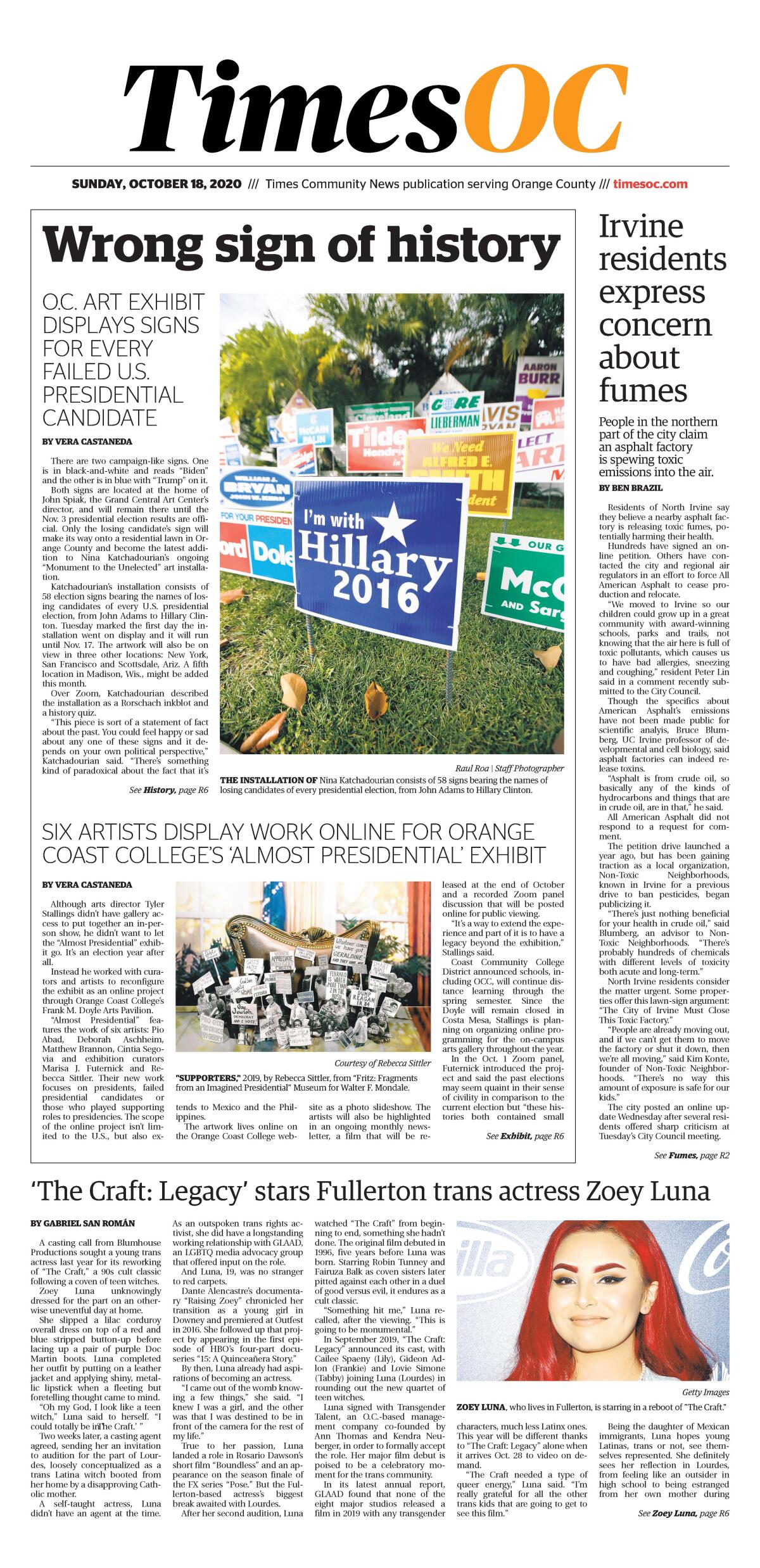 Front page of TimesOC e-newspaper for Sunday, Oct. 18, 2020
