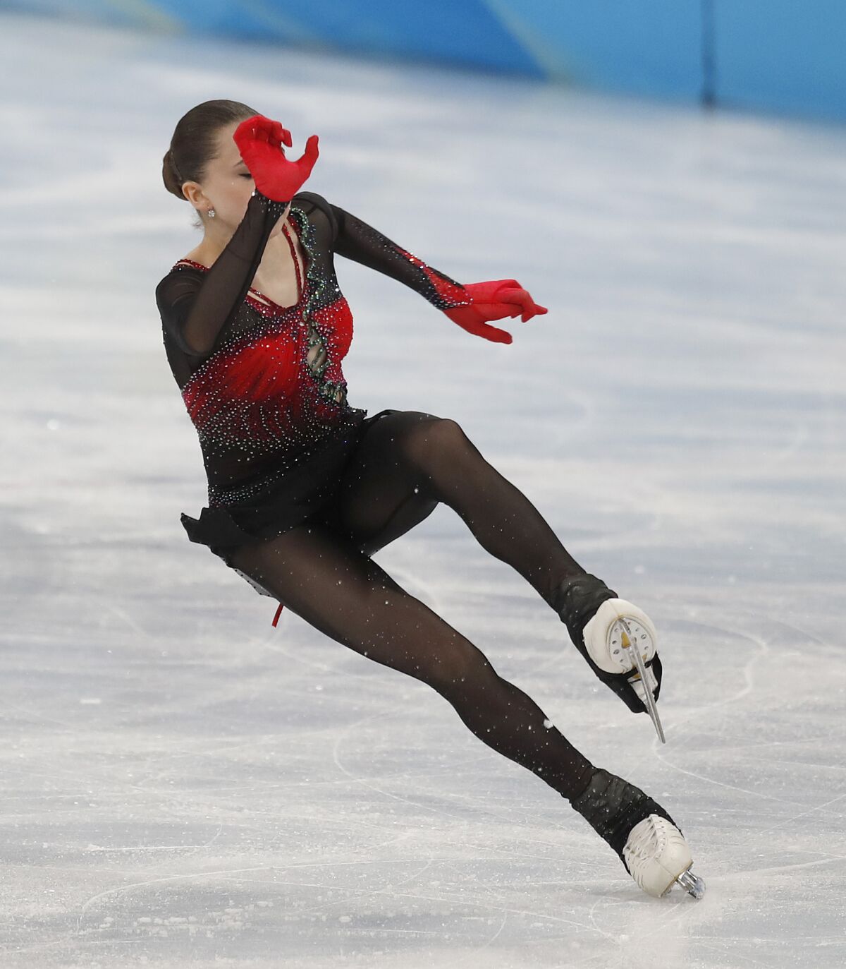 Kamila Valieva tumbles during the women's free skate.