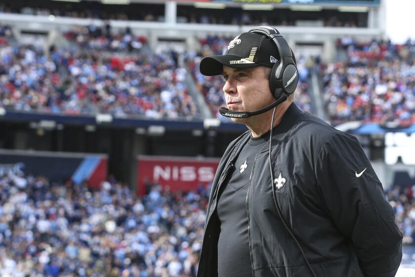 FILE - New Orleans Saints head coach Sean Payton watches a play during an NFL football game against the Tennessee Titans in Nashville, Tenn., Sunday, Nov. 14, 2021. The Denver Broncos have agreed to a deal with the New Orleans Saints that will make Sean Payton their head coach, a person with knowledge of the accord said Tuesday, Jan. 31, 2023. (AP Photo/Gary McCullough, File)