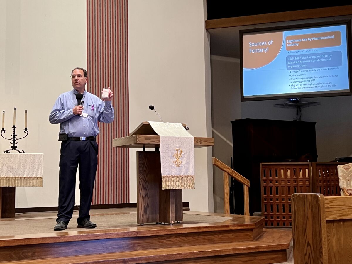 William Perno of Social Advocates for Youth San Diego discusses the dangers of fentanyl on May 9 in La Jolla.