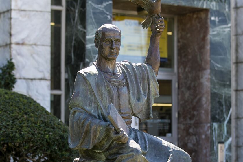 A statue dedicated to Alex Odeh outside the Santa Ana Public Library.